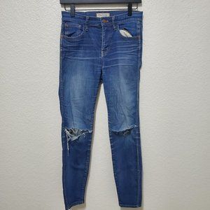 Madewell Higher rise skinny jean busted knee denim blue